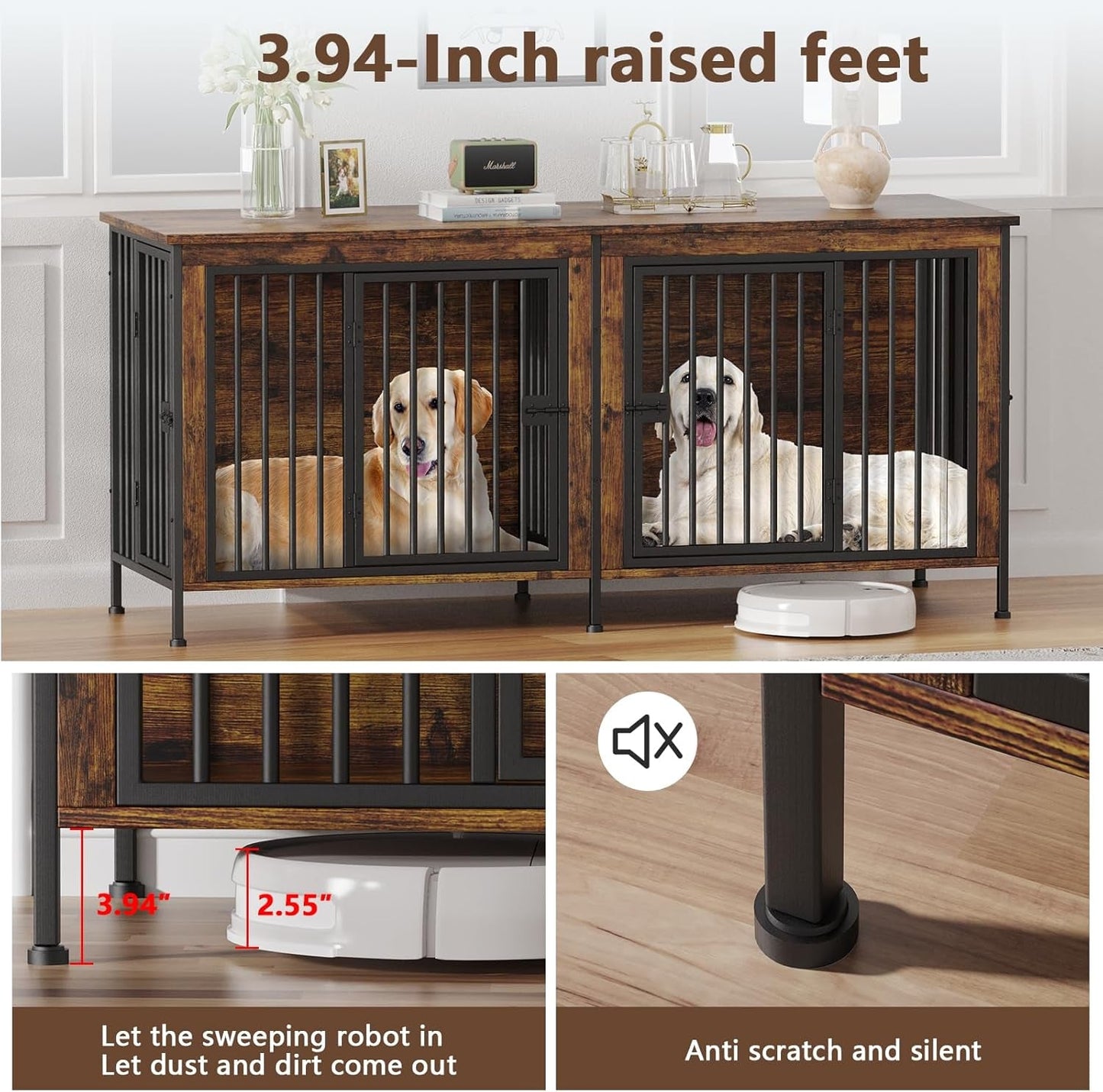 78 Inch Dog Crate Furniture for 2 Dogs, Extra Large Double Dog Cage Large Breed, XXL Thick Wooden Dog Crate TV Stand, Sturdy Dog Kennel with Divider