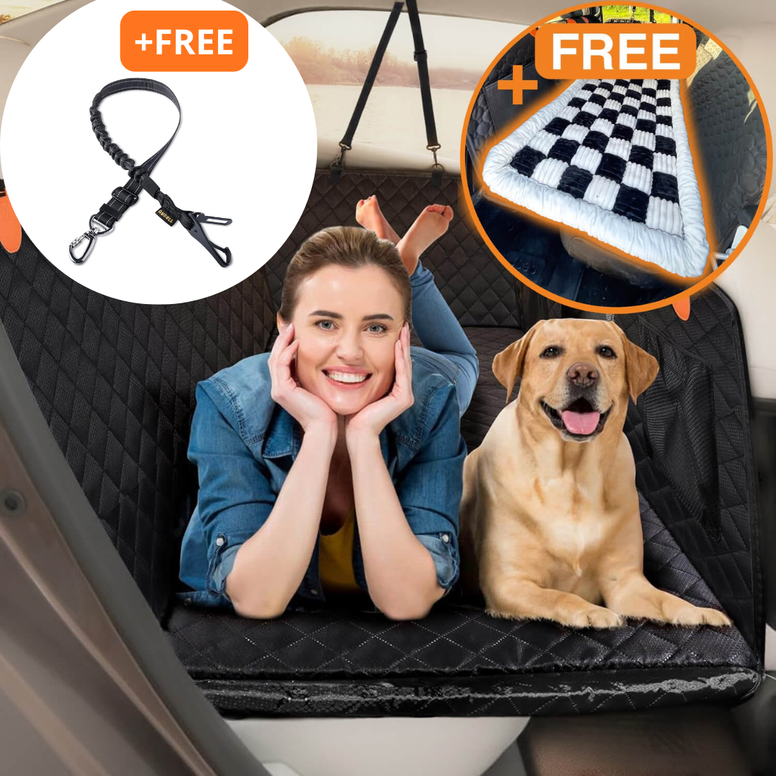 Hard Bottom 6-In-1 Dog Back Seat Cover , Waterproof Mesh Window, Non-Slip for Cars, Trucks and Suvs +FREE Car Backseat Dog Bed + FREE Dog Safety Belt