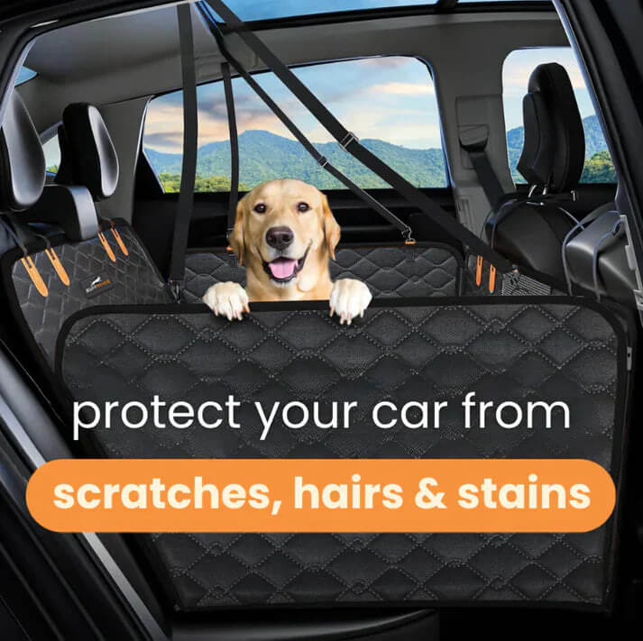 Hard Bottom 6-In-1 Dog Back Seat Cover , Waterproof Mesh Window, Non-Slip for Cars, Trucks and Suvs +FREE Car Backseat Dog Bed + FREE Dog Safety Belt
