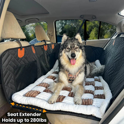 Hard Bottom 6-In-1 Dog Back Seat Cover , Waterproof Mesh Window, Non-Slip for Cars, Trucks and Suvs +FREE Car Backseat Dog Bed + FREE Dog Safety Belt