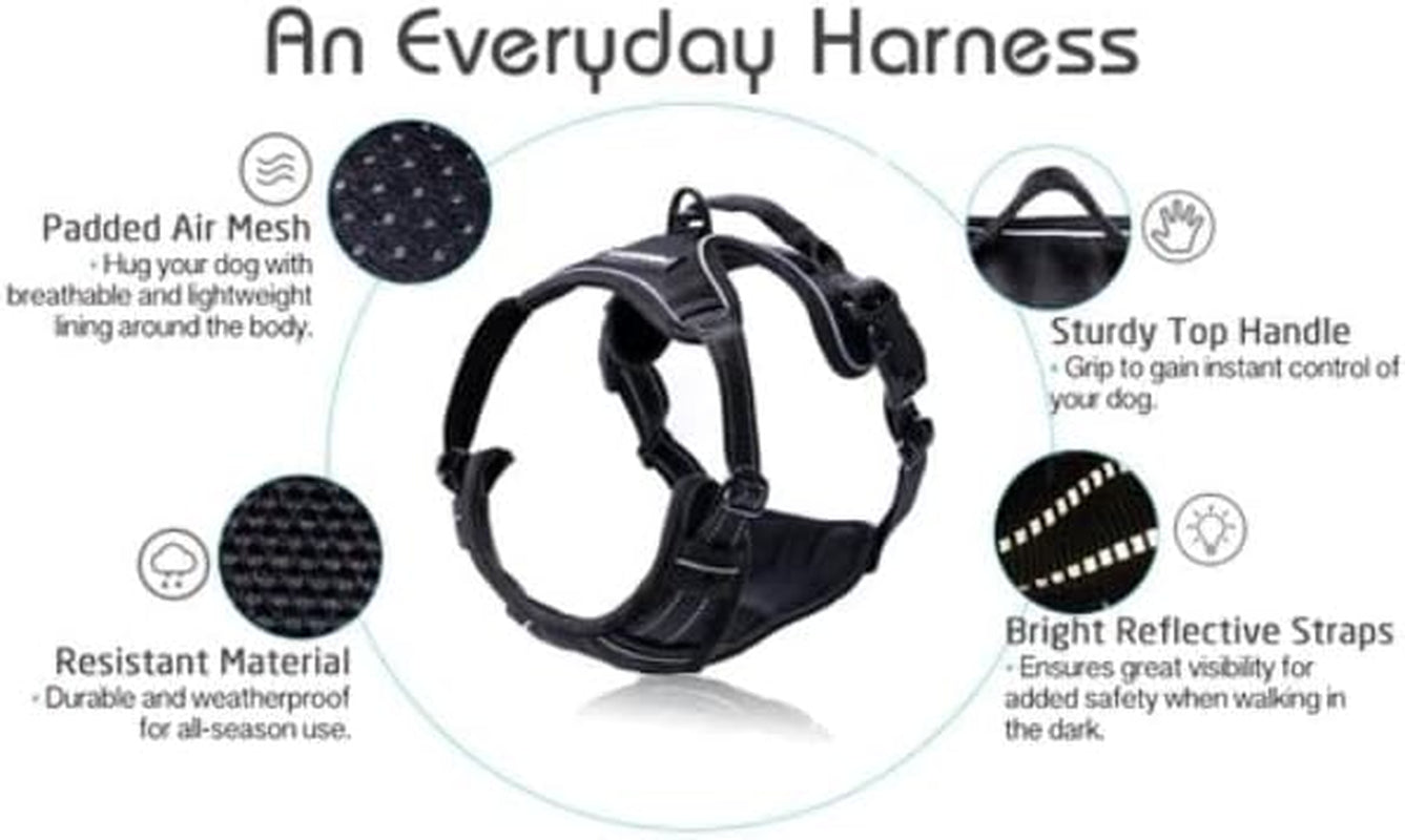 Dog Harness No Pull with 2 Leash Clips, Adjustable Soft Padded, Reflective Oxford No Choke Pet Vest with Easy Control Handle for Large Dogs, Black, L