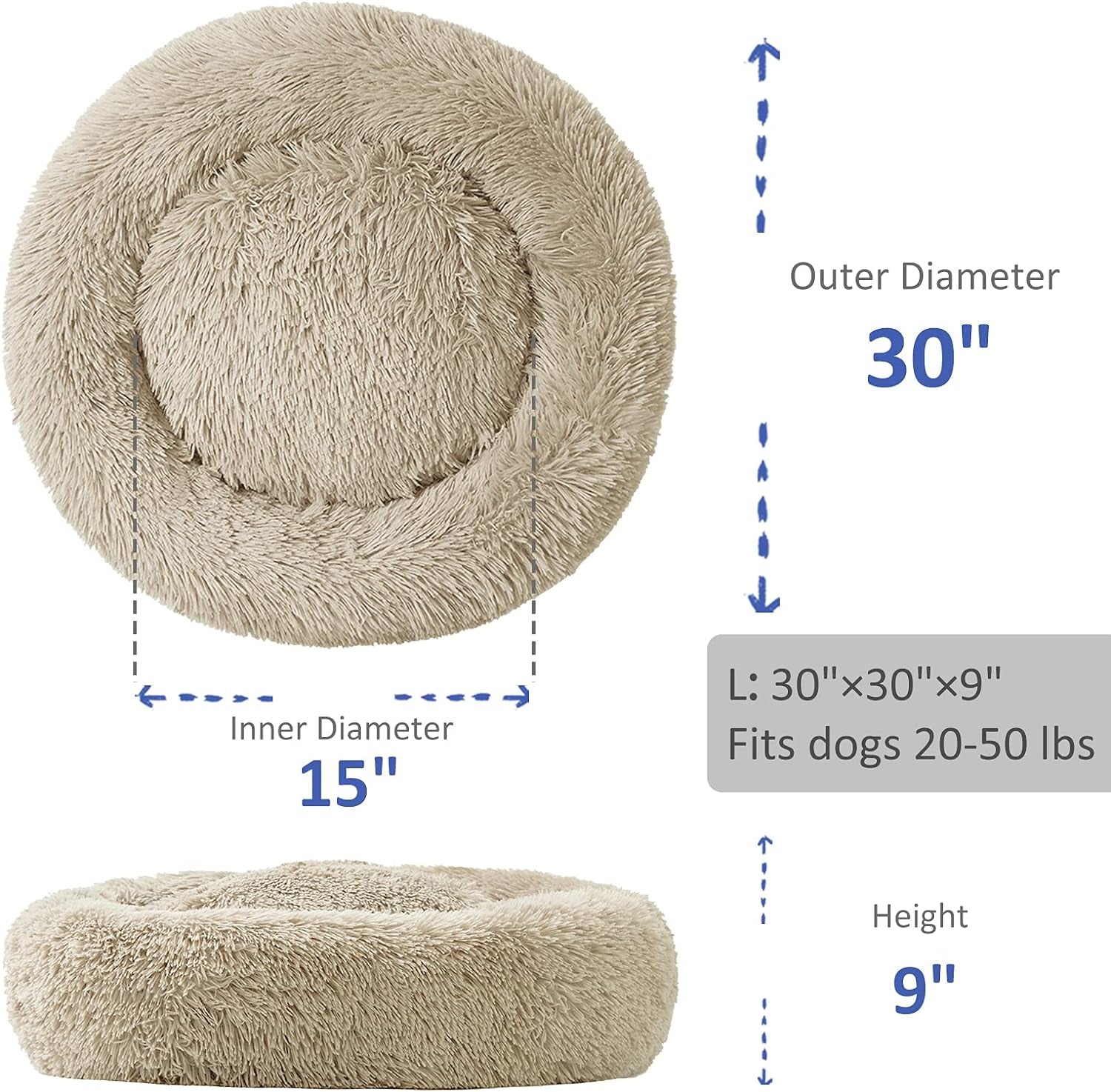 Washable round Bed for Large Dogs, Donut-Shaped Calming Cuddler for Medium Dogs, Comfy