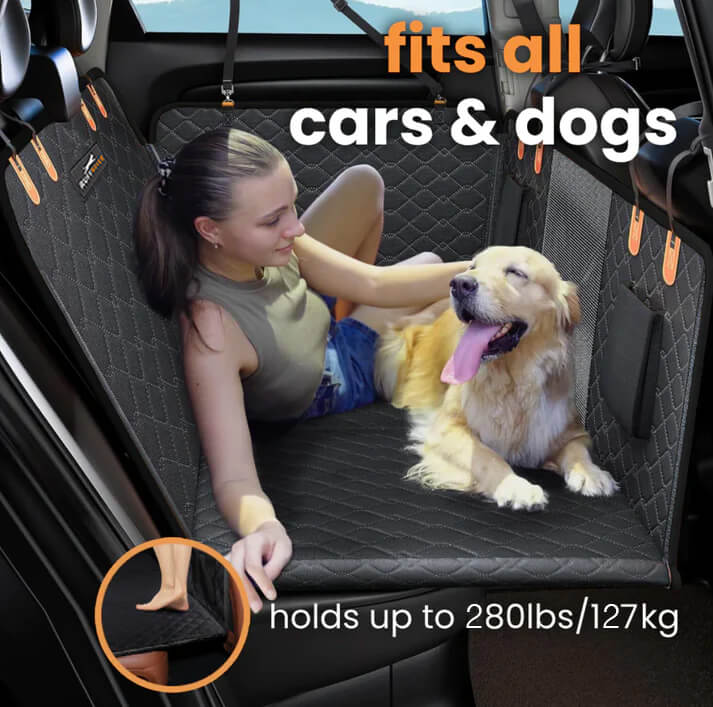 Hard Bottom 6-In-1 Dog Back Seat Cover , Waterproof Mesh Window, Non-Slip for Cars, Trucks and Suvs +FREE Car Backseat Dog Bed + FREE Dog Safety Belt